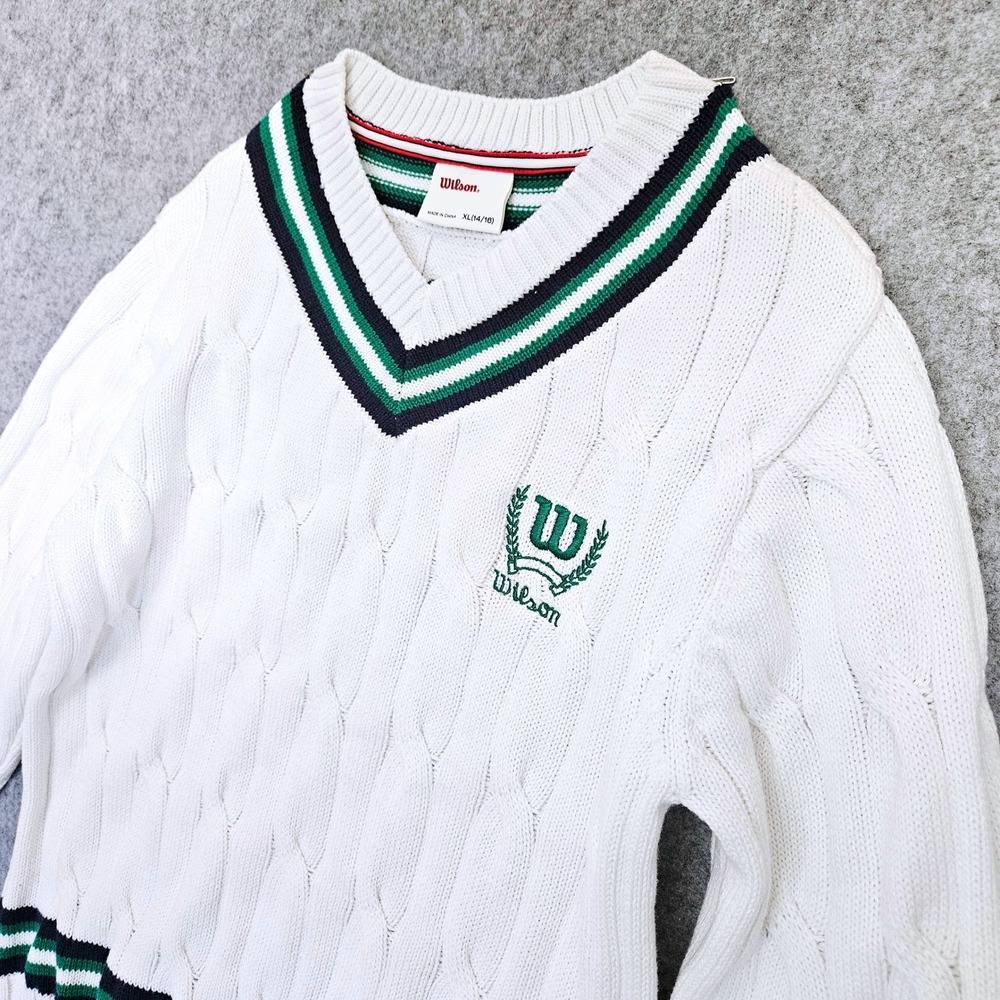 Wilson White Cable Knit Tennis Sweater V-Neck Striped XL 14/16 Kids